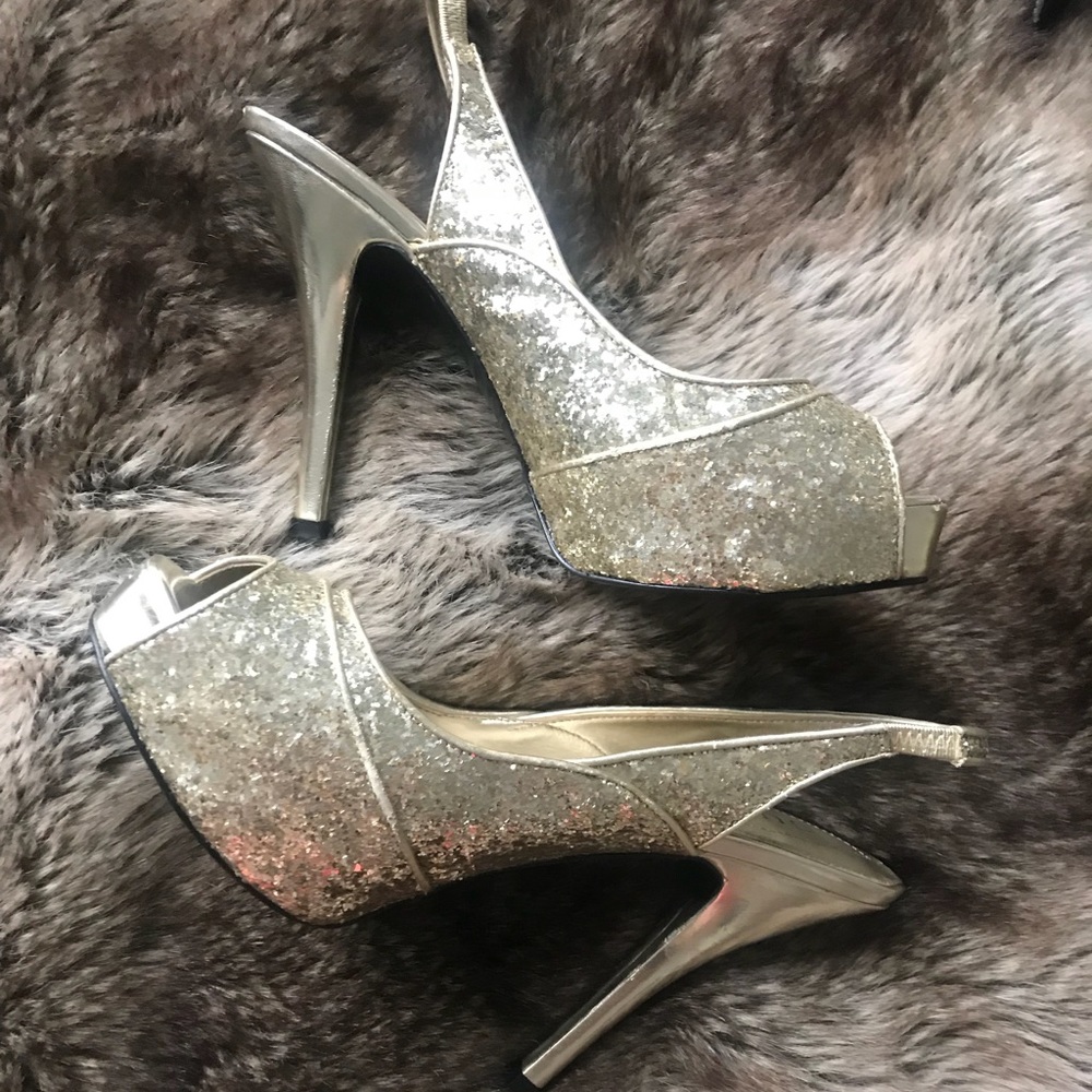 Guess Gold Glitter Peep Toe Slingback Heel